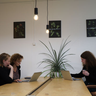 Sfeerfoto van kantoor. Een persoon aan het werk achter de laptop, met daarachter twee personen in overleg.